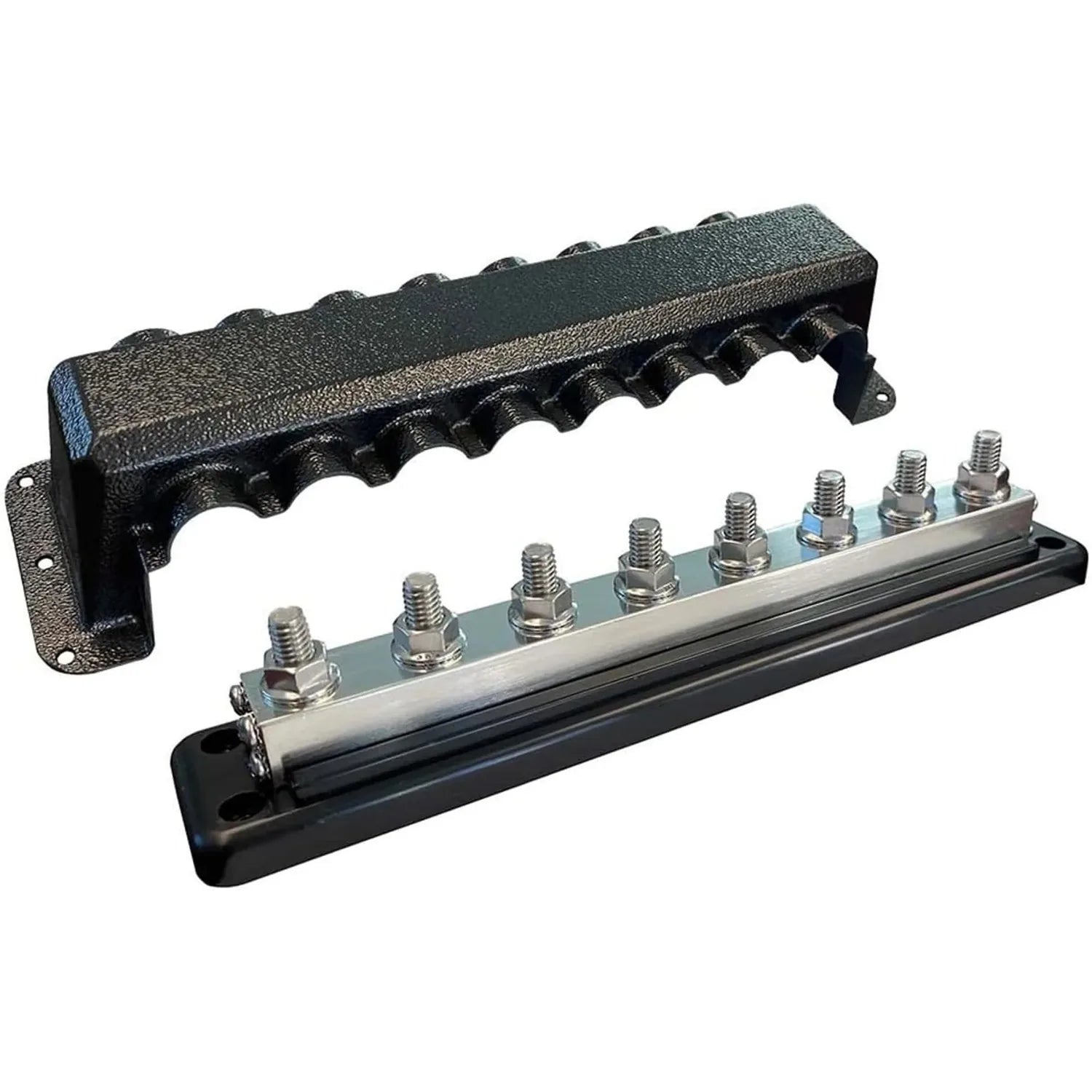 Victron 600A busbar with black cast housing, eight stud terminals, and removable cover displayed as separate components.