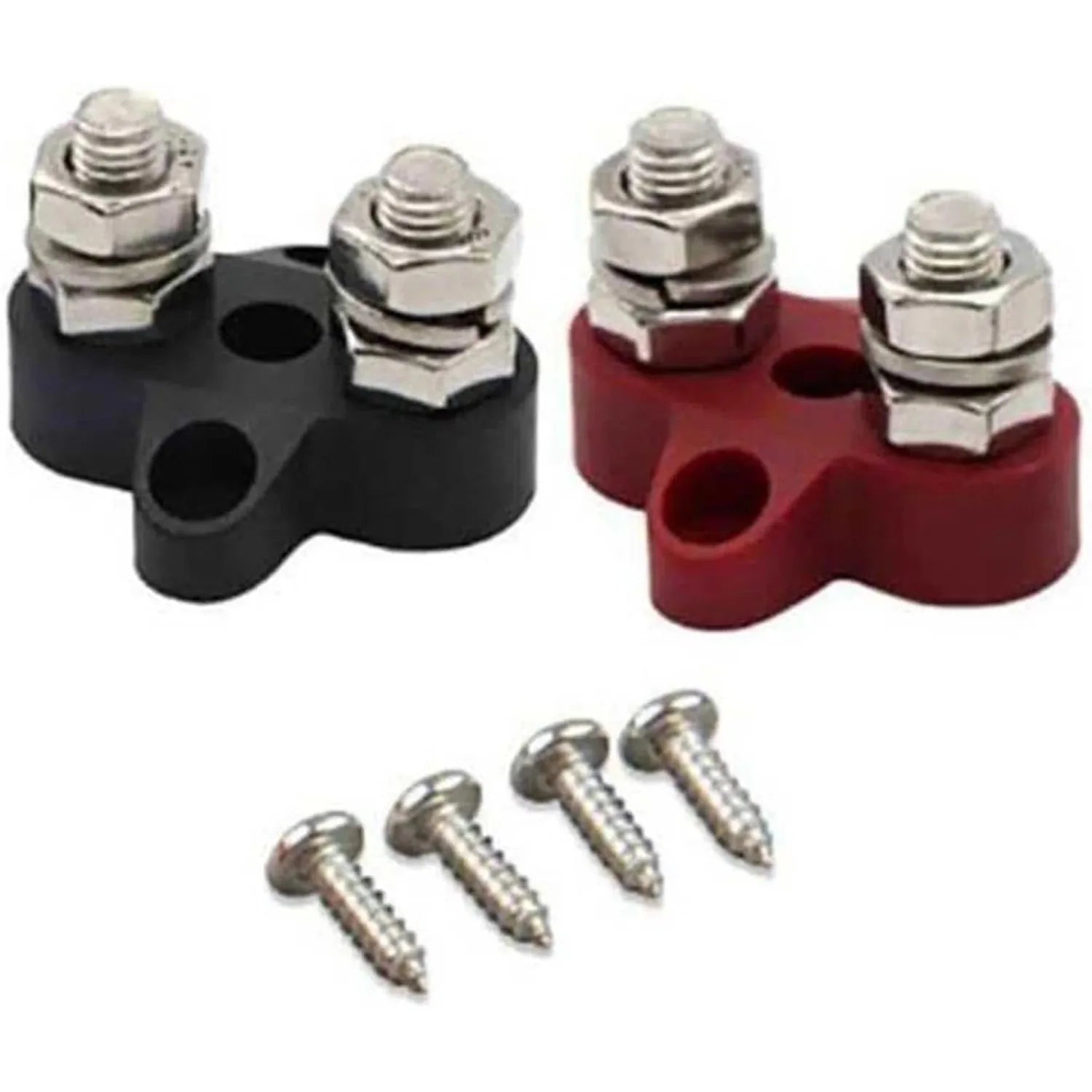 Victron dual terminal stud set showing black and red battery terminals with stainless steel hex nuts and four wood screws inc