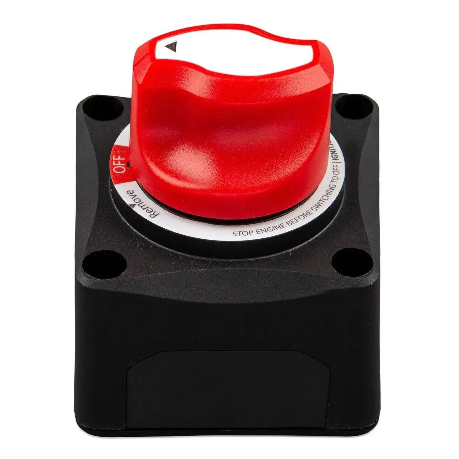 Red and black battery isolator switch with ON/OFF positions and warning text, mounted on black base with four corner holes.