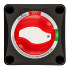 Victron battery switch with red dial showing OFF position and green NO indicator, mounted on black square panel with four cor