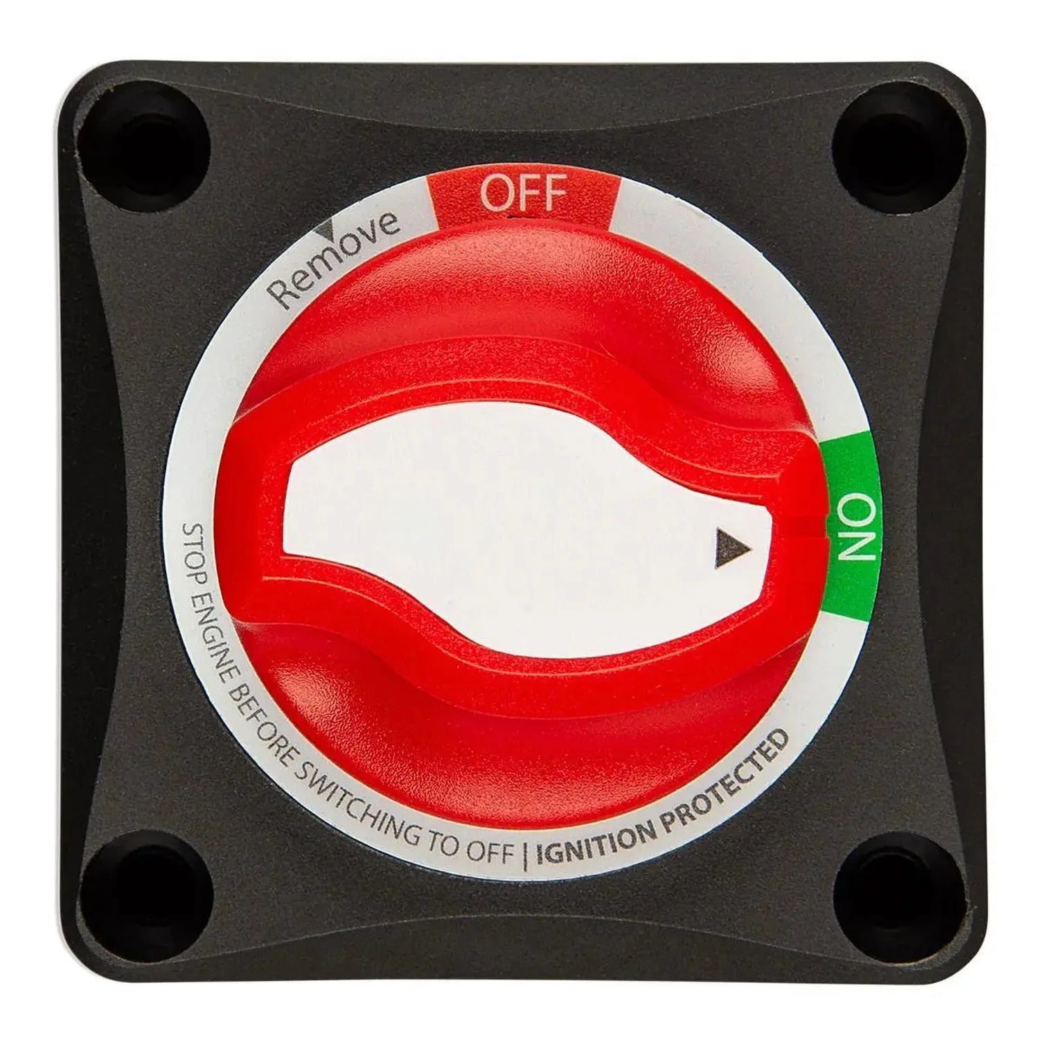 Victron battery switch with red dial showing OFF position and green NO indicator, mounted on black square panel with four cor