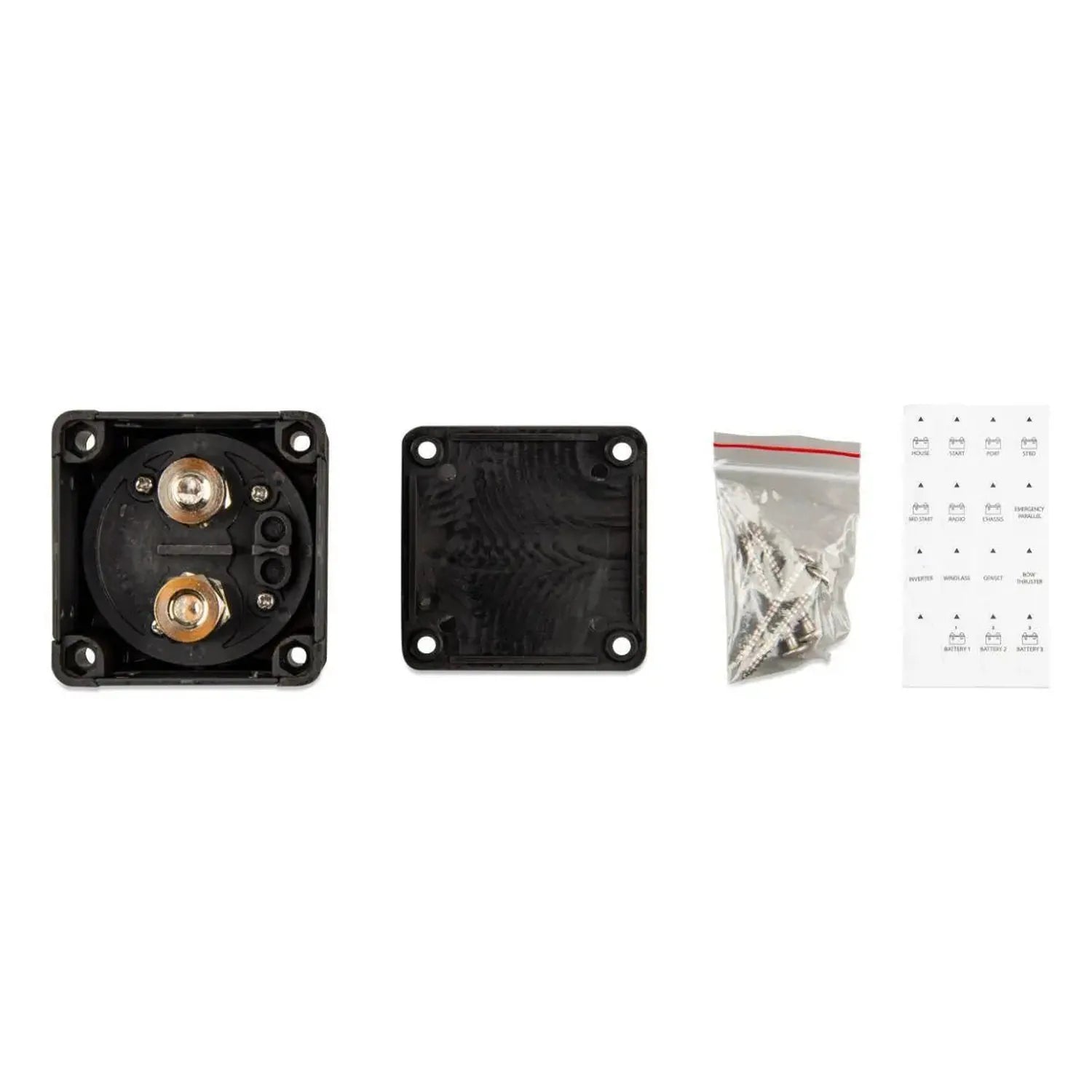 Victron battery isolator switch components: front terminal plate with two copper posts, back plate, hardware kit, and instruc