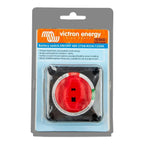 Victron Energy battery switch in packaging showing red circular knob with OFF marking and removable black knobs on black moun