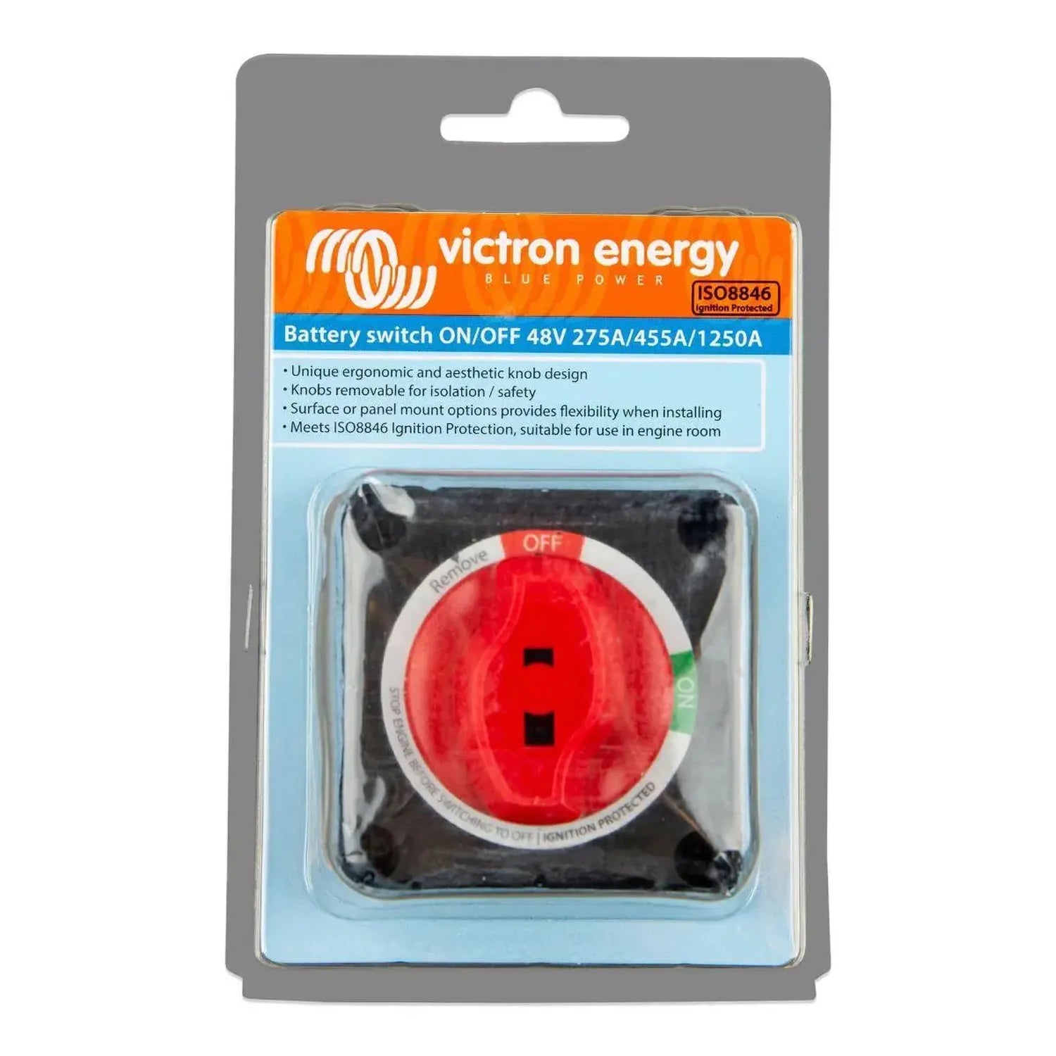 Victron Energy battery switch in packaging showing red circular knob with OFF marking and removable black knobs on black moun