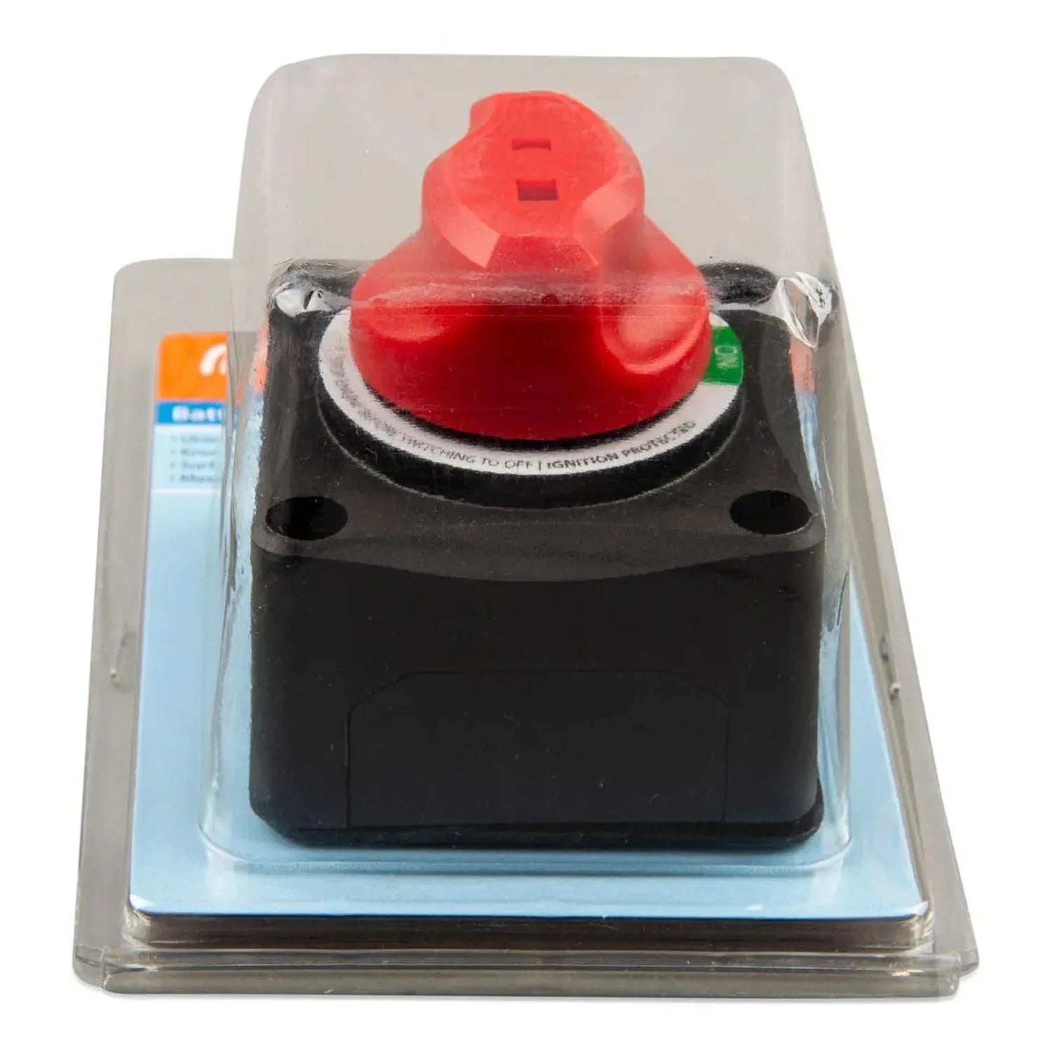 Victron 275A battery isolator switch in clear packaging, showing red lever handle and black base with mounting holes.