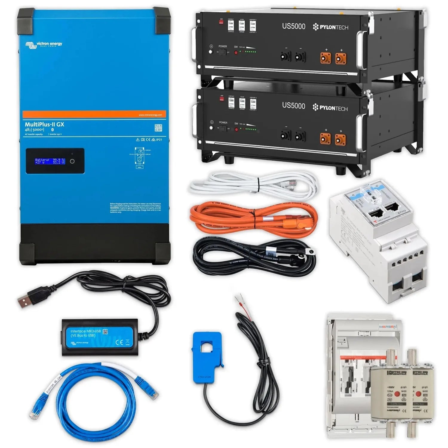 Victron Multiplus-II GX inverter kit with two stacked Pylontech US5000 battery units, cables, interface module, and accessori