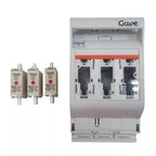 Gawé electrical enclosure with three-pole circuit breaker and three cylindrical fuses rated 60A and 80A displayed separately 