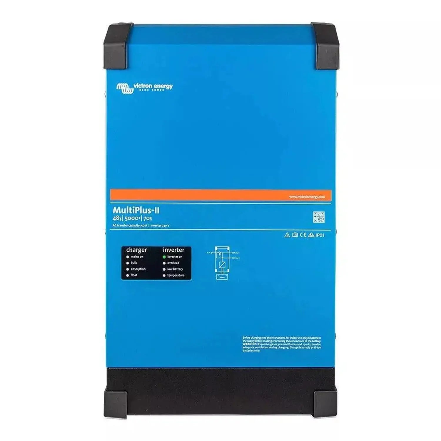 Victron Energy MultiPlus-II 48V 5000W 70A inverter charger, front view showing blue casing with black corner brackets and sta