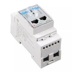 White DIN rail mounted Victron ET112 energy meter with dual Ethernet ports and terminal block connectors visible.