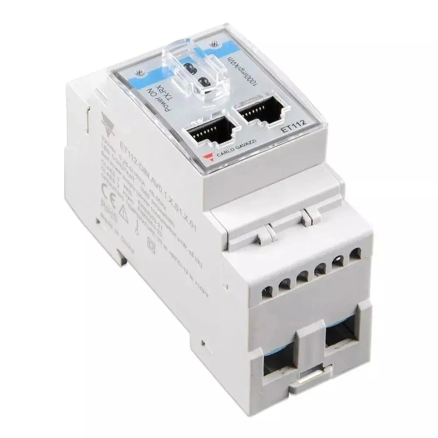 White DIN rail mounted Victron ET112 energy meter with dual Ethernet ports and terminal block connectors visible.