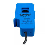 Blue current transformer clamp with black cable, labeled SCT013, 100A-50mA, model YHDC.