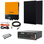 Off-grid solar system components: orange Voltacron inverter, two black solar panels, Pylontech US5000 battery unit, mounting 