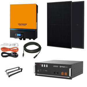 Off-grid solar system components: orange Voltacron inverter, two black solar panels, Pylontech US5000 battery unit, mounting 