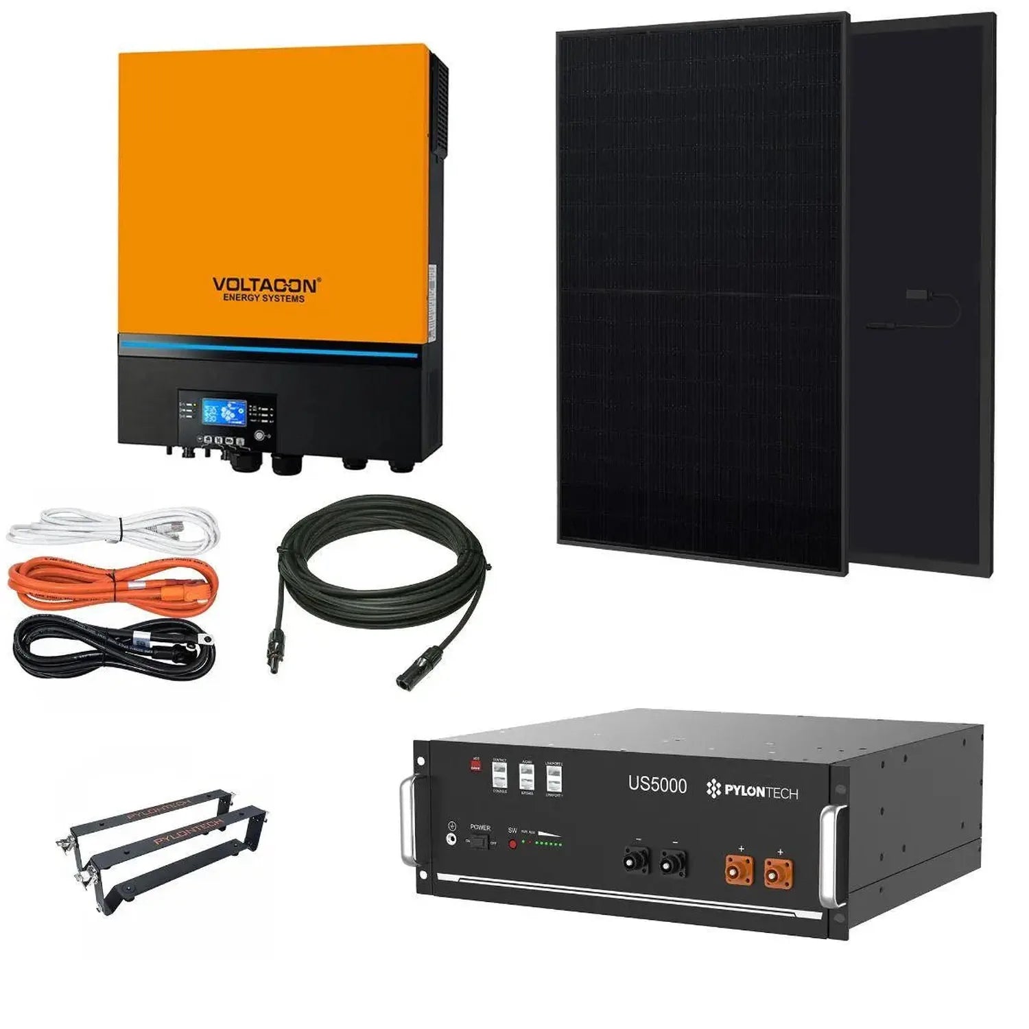 Off-grid solar system components: orange Voltacron inverter, two black solar panels, Pylontech US5000 battery unit, mounting 