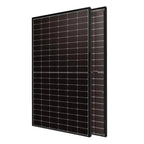 Two monocrystalline solar panels with black frames positioned at an angle, showing the grid pattern of photovoltaic cells.