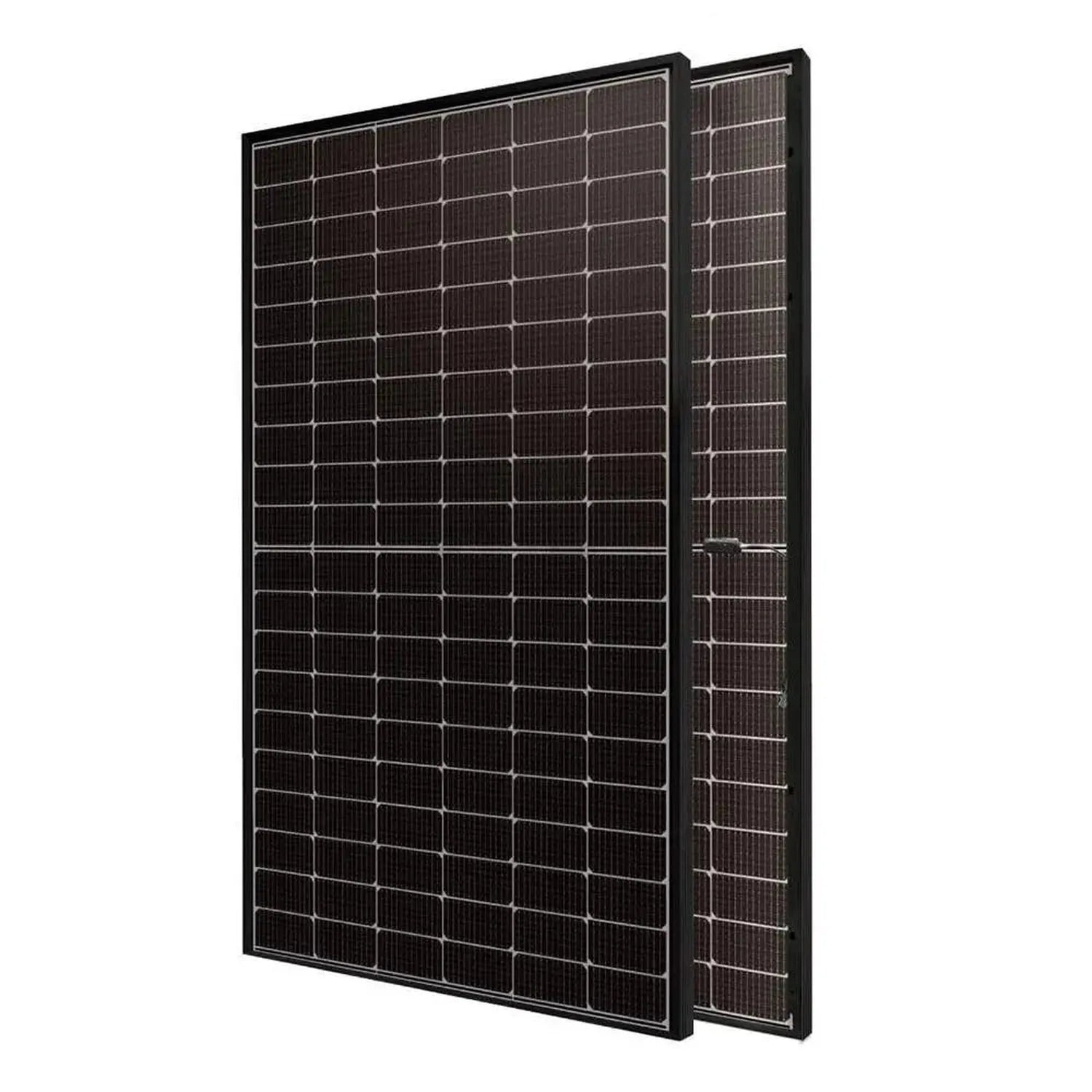 Two monocrystalline solar panels with black frames positioned at an angle, showing the grid pattern of photovoltaic cells.