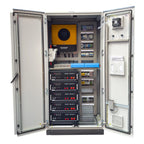 Open electrical cabinet showing Voltacon power system with yellow circular component, five stacked black power modules with r