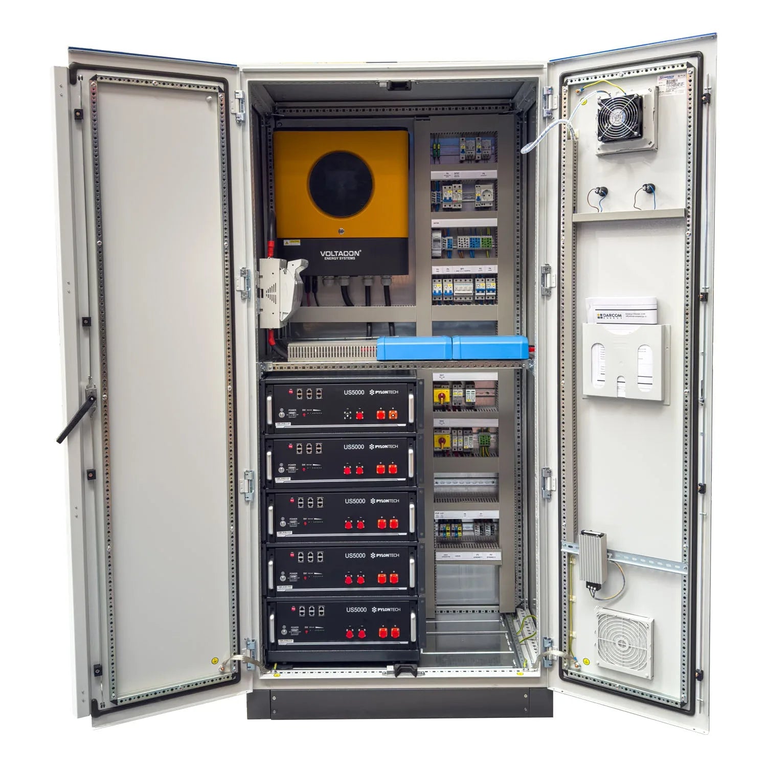 Open electrical cabinet showing Voltacon power system with yellow circular component, five stacked black power modules with r