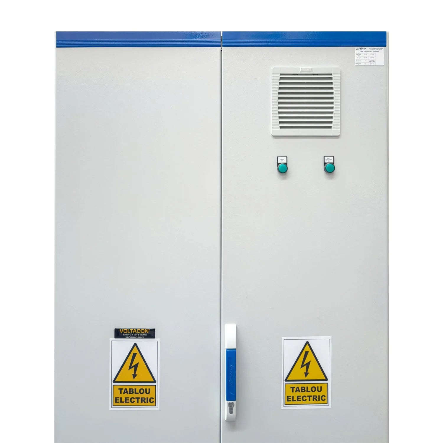 White electrical cabinet with blue top strip, cooling fan, two green indicator buttons, two yellow electrical hazard warning 