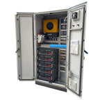 Open industrial power cabinet showing yellow inverter, blue battery module, five black power units with red displays, control