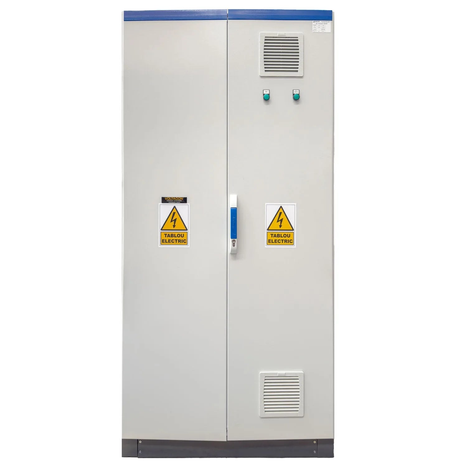 Tall white electrical cabinet with blue top, two yellow electrical hazard warning labels, ventilation grilles, two green indi
