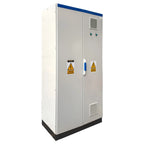 Large gray electrical cabinet with blue top trim, dual doors, cooling vents, warning labels, and black base, shown as product