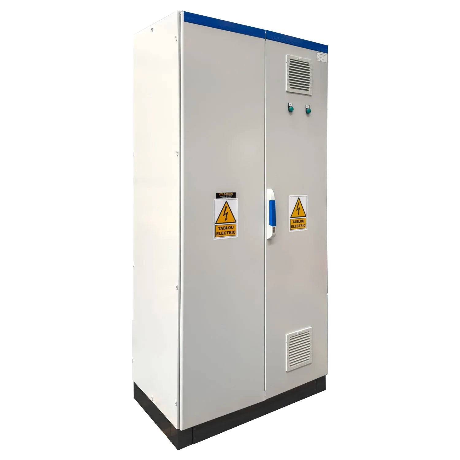Large gray electrical cabinet with blue top trim, dual doors, cooling vents, warning labels, and black base, shown as product