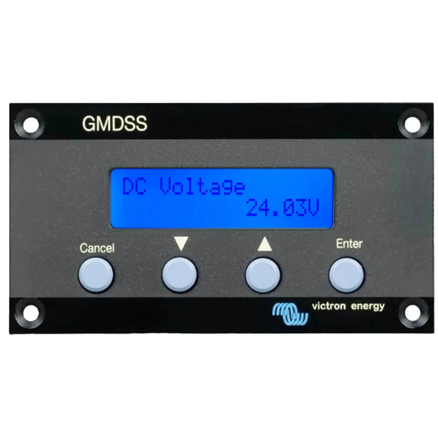 Victron GMDSS marine monitoring panel displaying DC voltage of 24.03V on blue LCD screen with Cancel, Down, Up, and Enter but
