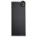 Flexible monocrystalline solar panel with black cells arranged in vertical columns and attached coiled black cable with conne