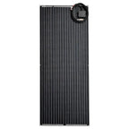 Flexible monocrystalline solar panel with black cells arranged in vertical columns and attached coiled black cable with conne