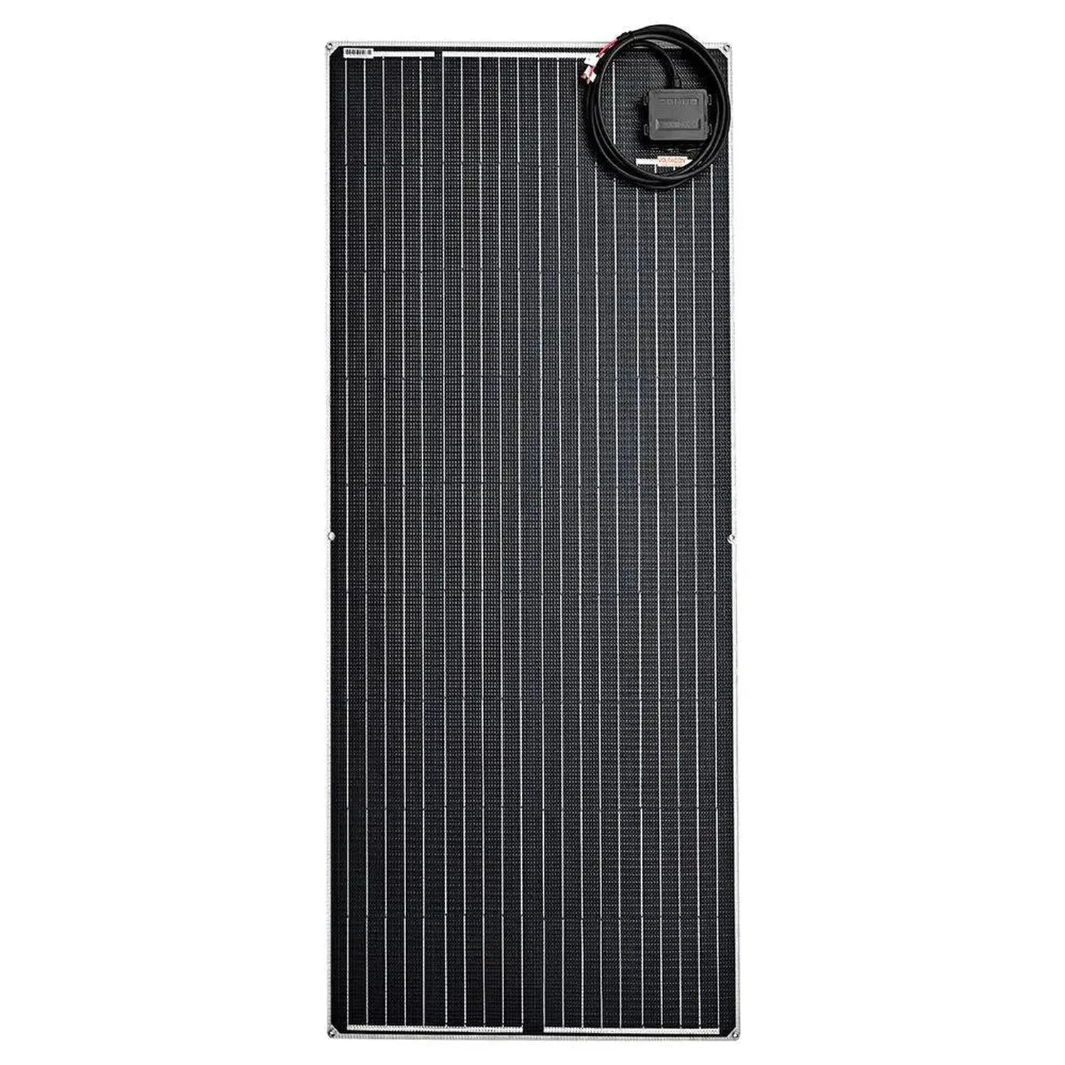 Flexible monocrystalline solar panel with black cells arranged in vertical columns and attached coiled black cable with conne
