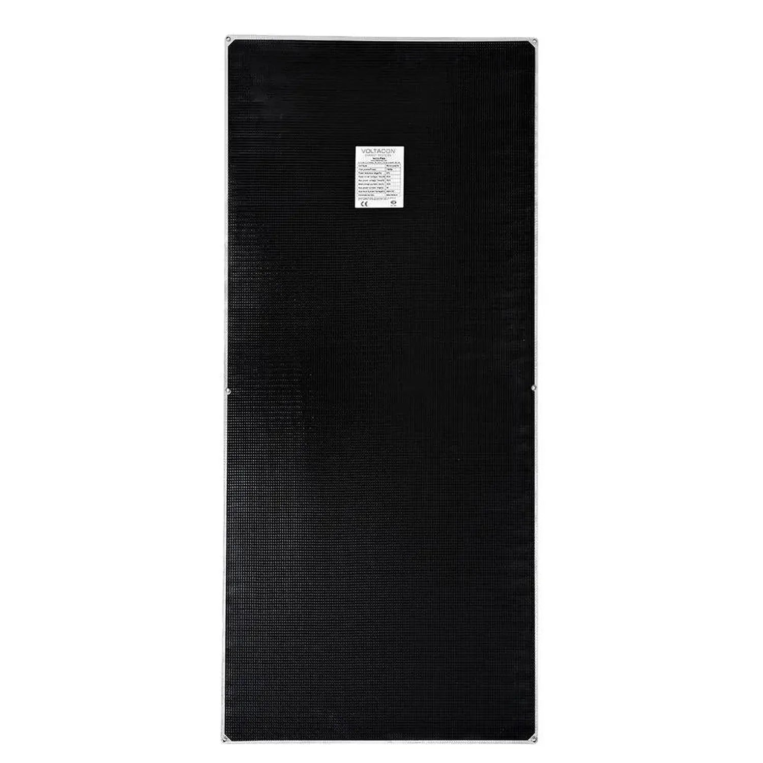 Back of 195W flexible solar panel showing black textured surface with white corner grommets and specifications label.