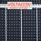 Voltaon Energy Systems solar panel installation shot showing multiple black monocrystalline panels arranged side by side with