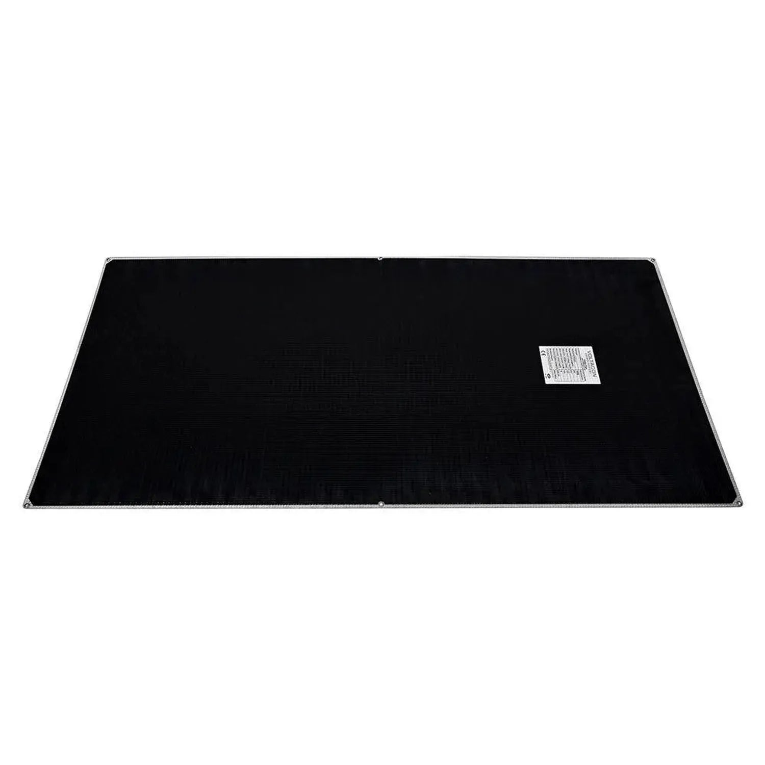 Back view of black rectangular solar panel with certification label in upper right corner and mounting grommets along edges.