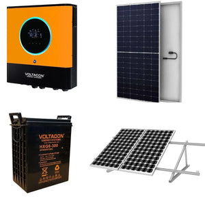 Voltacon 8kW off-grid solar system components: orange and black inverter, black monocrystalline solar panel, HXG6-300 AGM bat