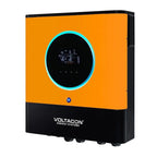 Voltacon Energy Systems orange and black solar inverter with cyan circular display screen and control buttons.