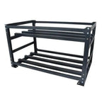 Black metal storage rack with multiple horizontal bars and vertical frame supports, product alone on white background.