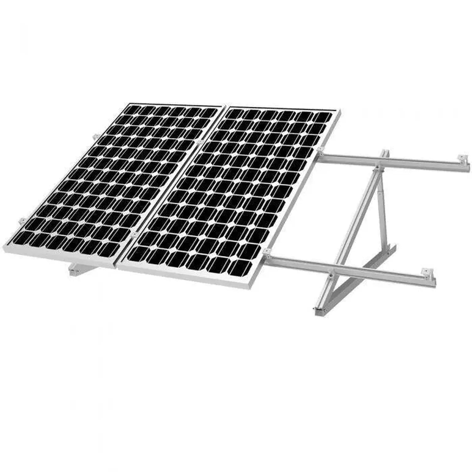 Two solar panels mounted on adjustable aluminum ground stand, product shot against white background.