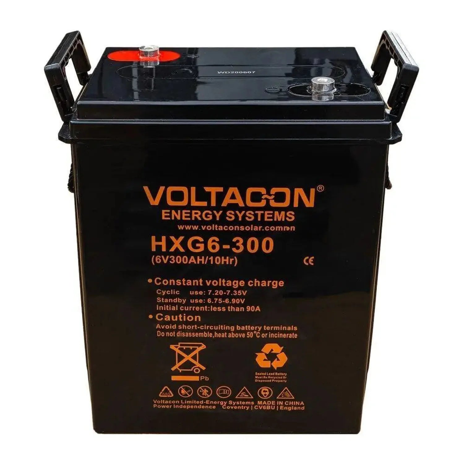 Voltacon HXG6-300 6V sealed lead battery with carry handles, front view product shot against white background.