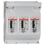 Three-phase fuse switch disconnector with red operating handles and black fuse cartridges mounted in white enclosure.