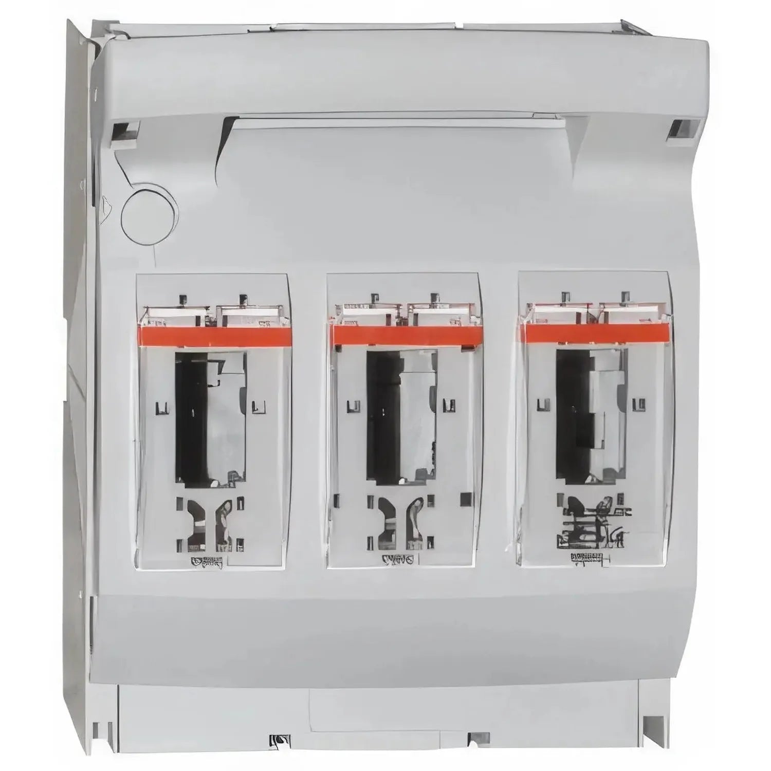Three-phase fuse switch disconnector with red operating handles and black fuse cartridges mounted in white enclosure.