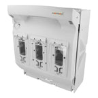 White Mersen fuse switch disconnector with three cartridge fuse compartments and terminal connections, front view product pho
