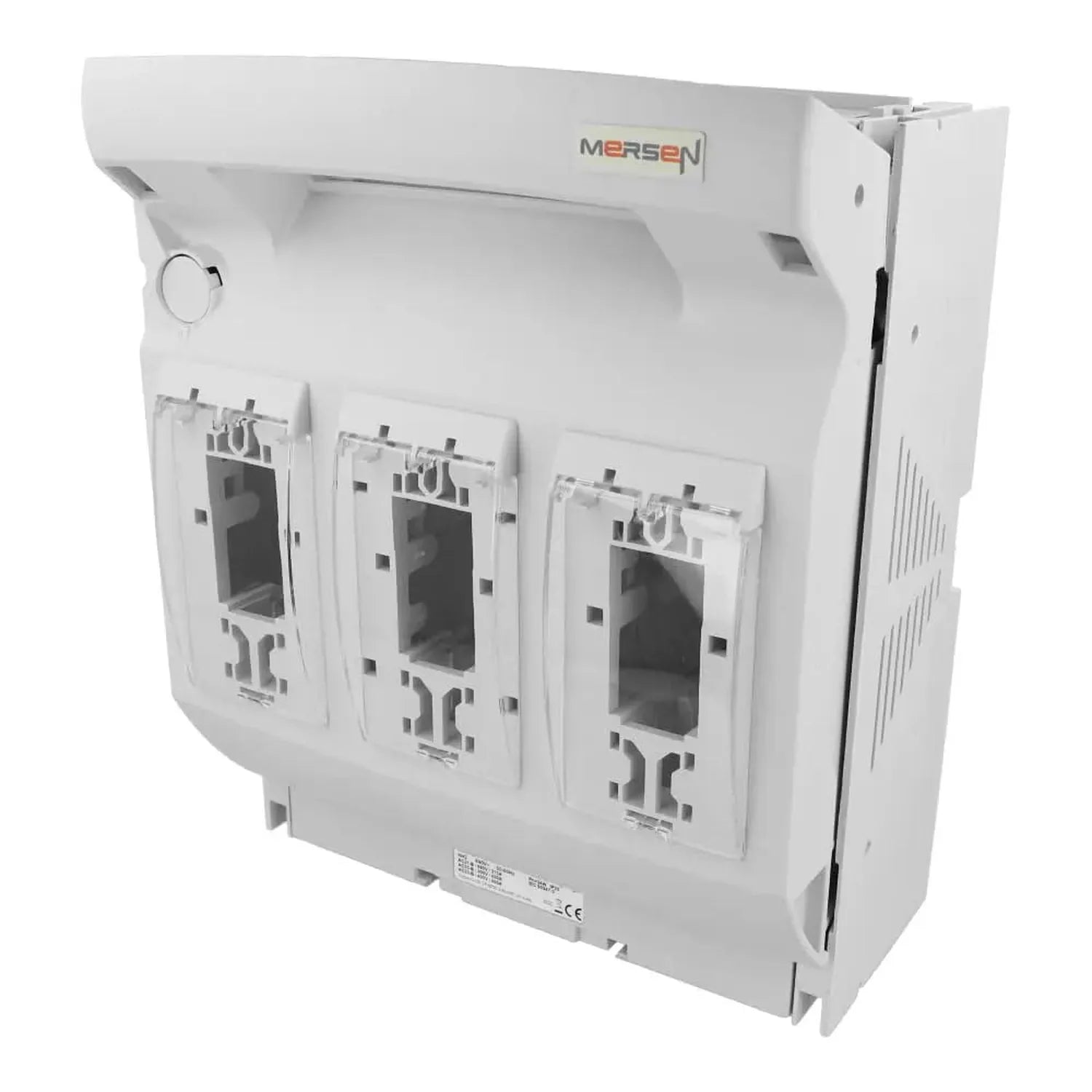 White Mersen fuse switch disconnector with three cartridge fuse compartments and terminal connections, front view product pho