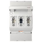 Mersen white electrical panel with three fuse switch disconnectors and 400A MULTIBLOC base, front view.