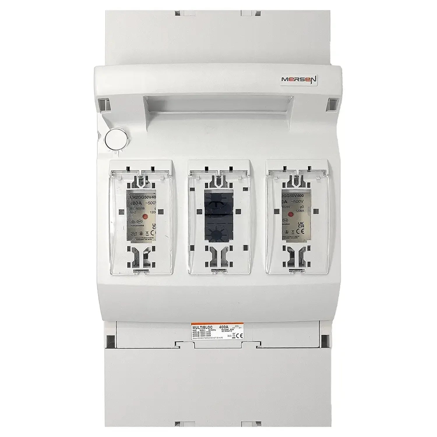 Mersen white electrical panel with three fuse switch disconnectors and 400A MULTIBLOC base, front view.