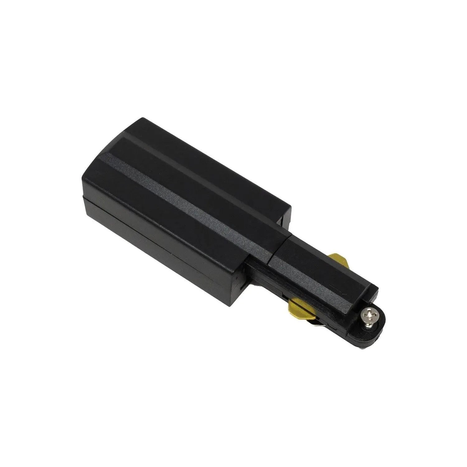 Black 4-wire track end power connector with brass contact and mounting screw, isolated product shot on white background.