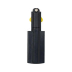 Black cylindrical track lighting connector with yellow adjustment knobs and mounting screw, product alone on white background