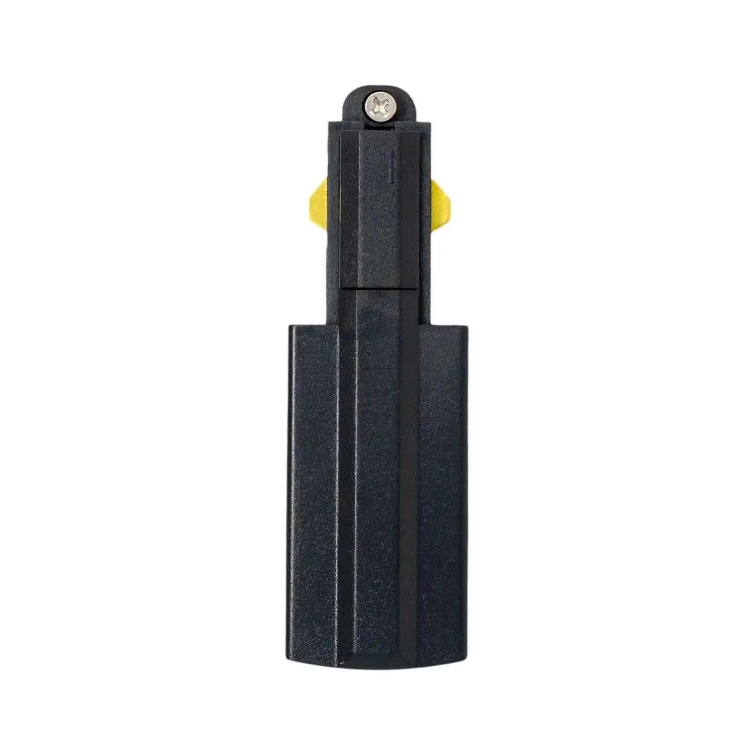 Black cylindrical track lighting connector with yellow adjustment knobs and mounting screw, product alone on white background