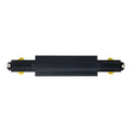 Black straight connector with yellow end caps and mounting screws for LED track lighting systems.