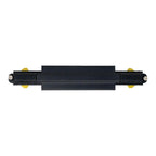 Black straight connector with yellow end caps and mounting screws for LED track lighting systems.